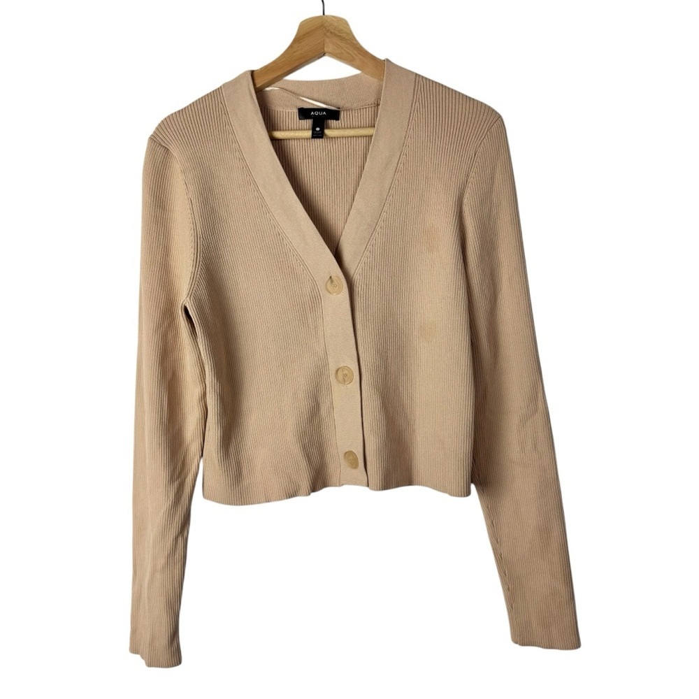 Aqua Beige Ribbed V-Neck Button Down Cardigan Sweater L